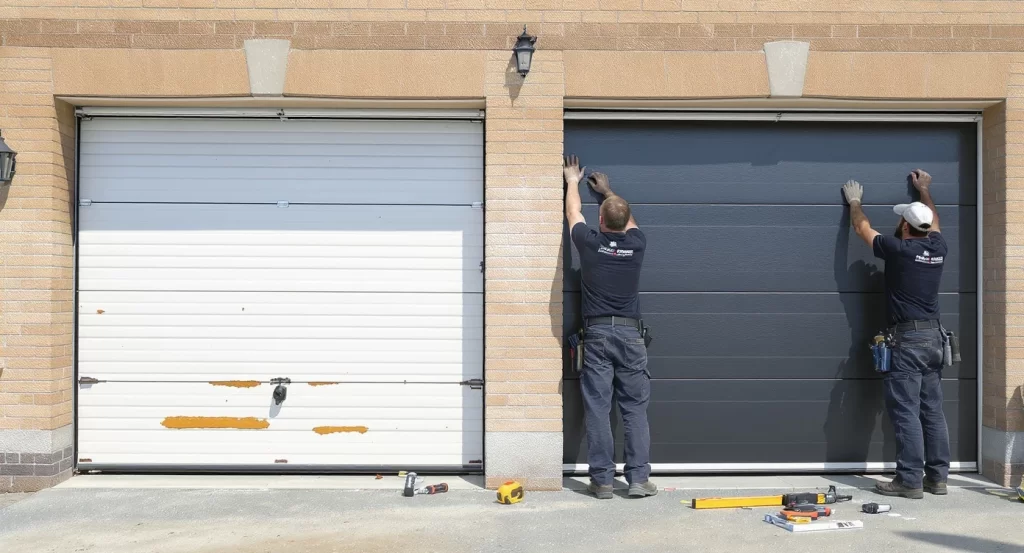 Egy felújítás alatt álló billenős garázskapu, ahol a régi, rozsdás billenős kapu mellett már az új, antracit szekcionált kapu paneljei látszanak.