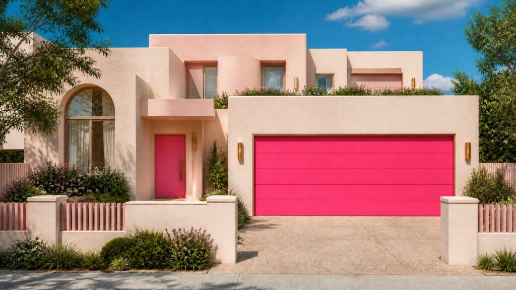 Egyedi pink RAL színű szekcionált garázskapu különleges modern házon – szekcionált garázskapu szín/mintaválasztás